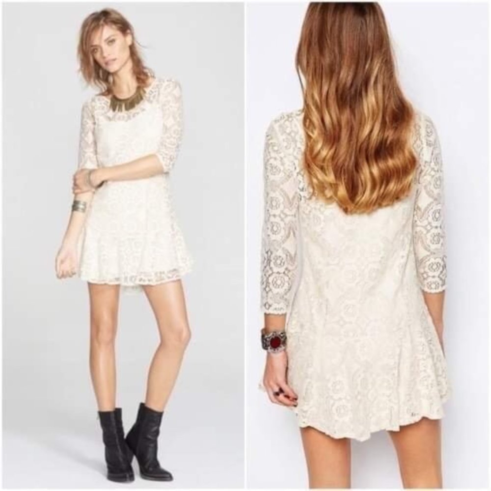 Free People Cream “Walking To The Sun” Floral Lace Mini Dress Size 0